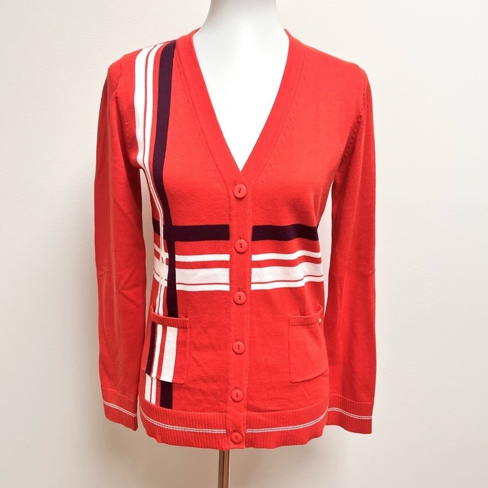 Casall Swedish Mod Striped Button Front V-neck Cardigan Sweater